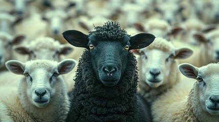 A black sheep among a flock of white sheep, raising head as a leader - Concept of standing out from...