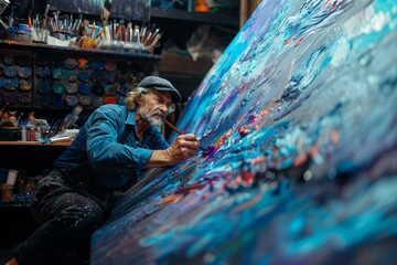 Creative artist engrossed in painting with vibrant colors and rich textures on a large canvas