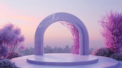 Empty product stands with matte lavender arches look quaint and feature a cityscape at dusk.