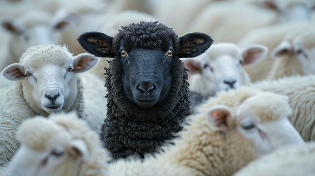 A black sheep among a flock of white sheep, raising head as a leader - Concept of standing out from the crowd, of being different and unique with its own identity and special skills among the others