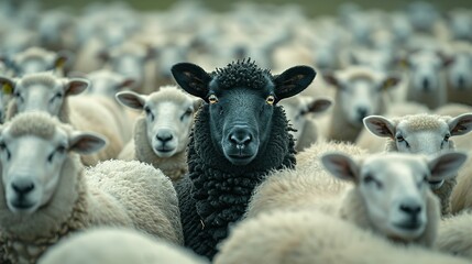 A black sheep among a flock of white sheep, raising head as a leader - Concept of standing out from the crowd, of being different and unique with its own identity and special skills among the others - obrazy, fototapety, plakaty
