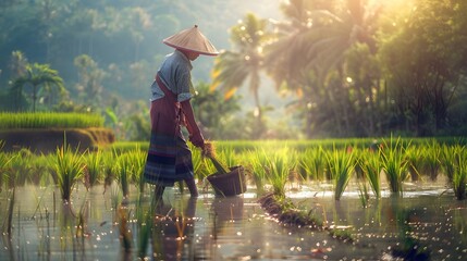 Asian chinese farmer workers working at rice farm fields and harvesting rice. vintage clothing with straw hats. beautiful sunrise in morning. pc desktop wallpaper background.