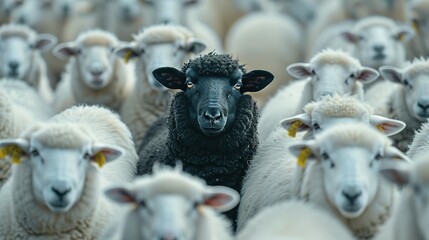 Obraz premium A black sheep among a flock of white sheep, raising head as a leader - Concept of standing out from the crowd, of being different and unique with its own identity and special skills among the others
