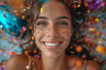 Joyful young woman surrounded by colorful confetti and glitter, with a bright smile and sparkling eyes in a festive atmosphere
