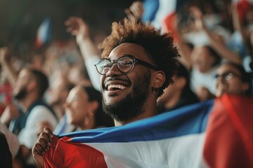 Happy fan with French flag at stadium, cheerful