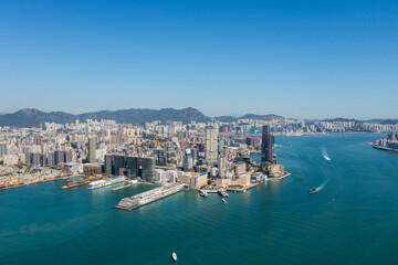 Fototapeta na wymiar Drone fly over Hong Kong city in Kowloon side