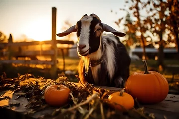 Foto op Plexiglas Golden Hour Farm: Goat with Autumn Pumpkins.  A contented goat enjoys the golden hour on a farm, surrounded by autumn pumpkins, a scene that perfectly encapsulates the rustic charm of fall. © Yuliia