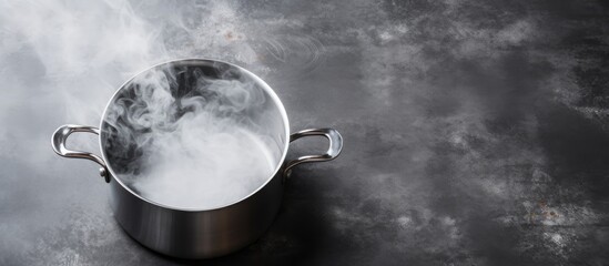 A pot of boiling water releasing steam, essential for cooking many recipes and dishes. A key element in using cookware and bakeware for various cuisines - Powered by Adobe