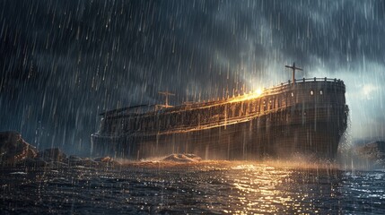 Noah's Ark concept in the pouring rain during a storm. - obrazy, fototapety, plakaty