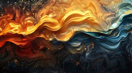Vivid orange accents swirl through a black fluid art pattern, creating an intense and captivating abstract background.