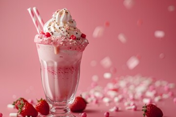 Strawberry milkshake with whipped cream and a strawberry on top