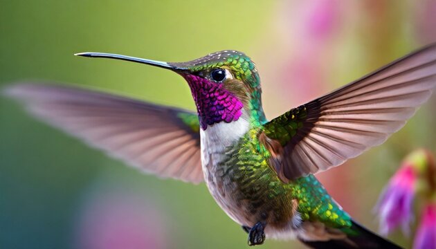 High-resolution 3D DSLR photography of a vibrant hummingbird, with straight tail feathers pointing upward, showcasing green, pink, and purple plumage, positioned off to one side for an intriguing comp