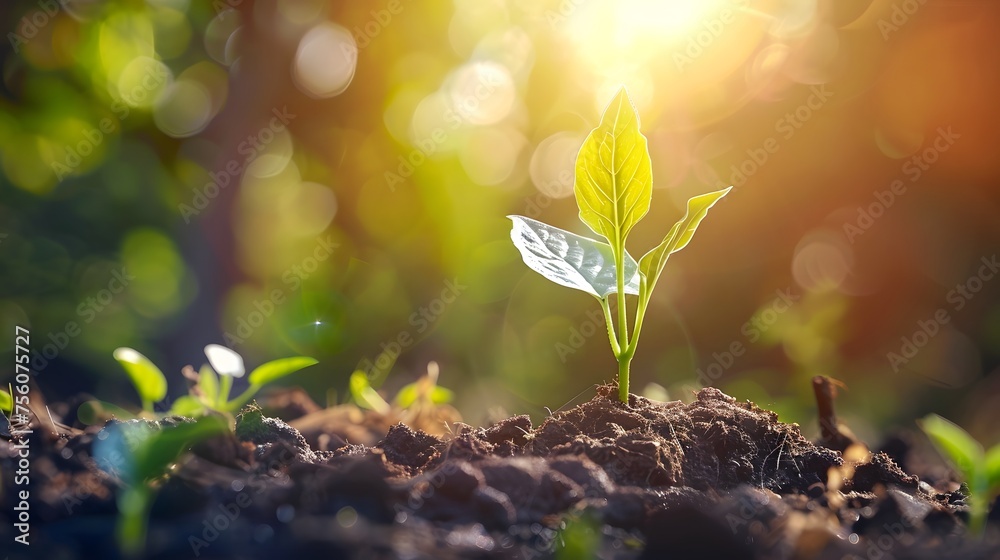 Wall mural young plant growing at sunlight. saving environment, save clean planet, ecology concept.