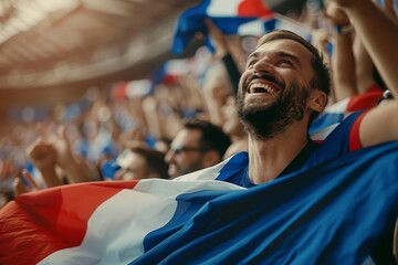 Exhilarated fan with the French flag at stadium - obrazy, fototapety, plakaty