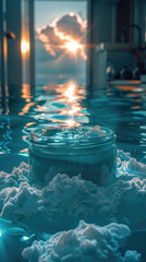 cosmetic cream container in water background 