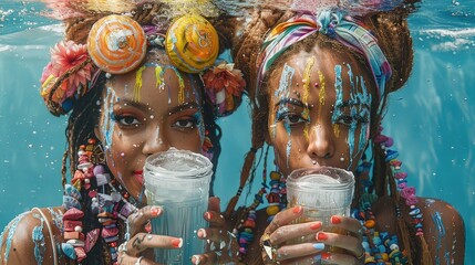 Portrait of two women in the water holding a glass of drink.