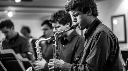 Monochrome Melodies: Dynamic Saxophone Player at a Jazz Music Festival.