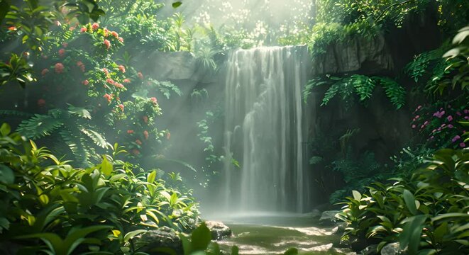 Lush forest with a hidden waterfall, natural frame for copy space