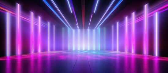 Empty room with spotlights and neon lights, abstract backdrop with glowing neon