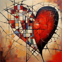 Abstract painting depicting a mosaic heart cradled in a network of black lines