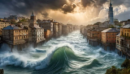Poster Flooding city with turbulent waters from a tsunami Final Biblical Events of Revelation book  © Micaela