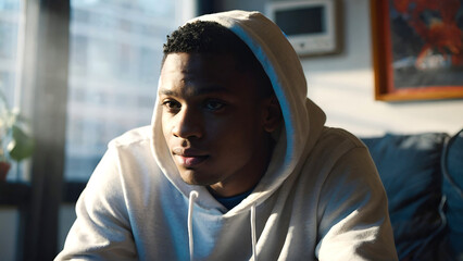 A close up of a young black man gaming or watching TV wearing a white hoody