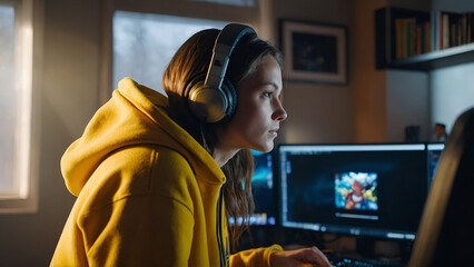A young brunette woman gaming with headphones wearing a yellow hooded sweater.