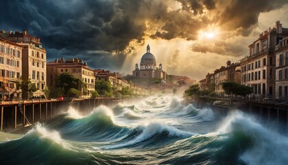 Flooding city with turbulent waters from a tsunami Final Biblical Events of Revelation book  - obrazy, fototapety, plakaty