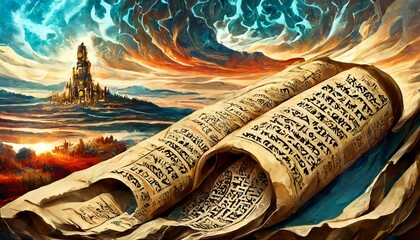 Old manuscript parchment Hebrew text ancient biblical scroll prophets Generative AI Illustration
 - obrazy, fototapety, plakaty