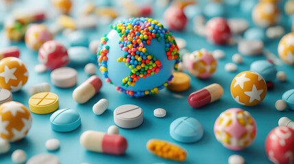 Fototapeta na wymiar World Health Day: Colorful globe among medicines on the table