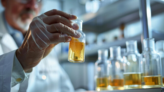 A laboratory researcher in a white lab coat holds a vial containing silver nanoparticles which are being tested for effectiveness in cleaning up oil spills.