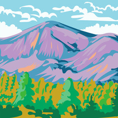 Fototapeta na wymiar WPA poster art of a mountain range with trees in the foreground done in works project administration or federal art project style.