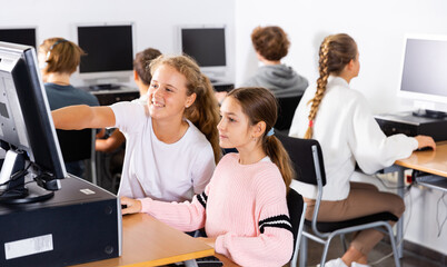 Young boys and girls using computers during lesson in computer class.