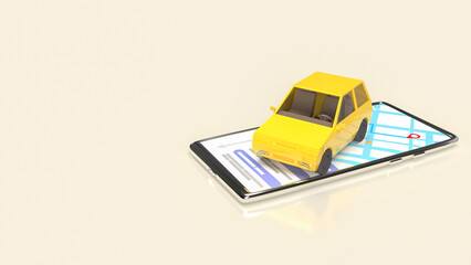 The yellow car on mobile phone for Applications or transportation concept 3d rendering.