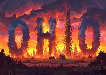 Vivid Ohio Letters in a Fiery Sunset Over Agricultural and Urban Horizons, Suitable for Bold Marketing and Artistic Expression