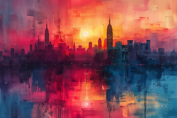 Fototapeta na wymiar Beautiful City Horizon Impressionism Art