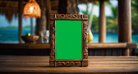 A table topper or table tent with a carved wood frame menu or cocktail list, chroma key green screen. A tiki frame in the foreground a tiki bar in the background