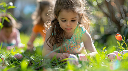 Happy cute Kids on an Easter egg hunt in a blooming spring garden