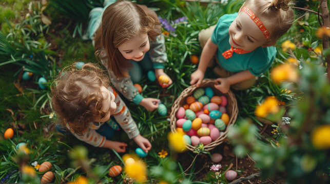 top view of Happy caucasian family with Kids on an Easter egg hunt in a blooming spring garden. Children searching for colorful eggs in flower meadow, family together at Easter holiday