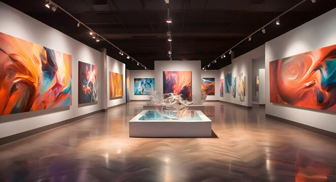 Contemporary art gallery with abstract paintings