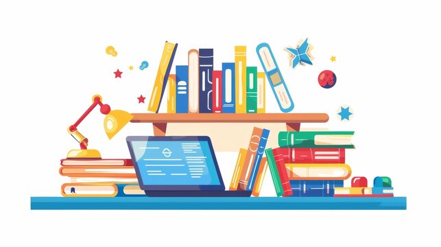 A picture depicting a shelf filled with books a laptop open to an online class and a stack of educational board games. These resources are all useful for families who choose
