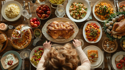 food on a table top view, Happy family having Easter dinner at home on the Easter Sunday holiday - obrazy, fototapety, plakaty