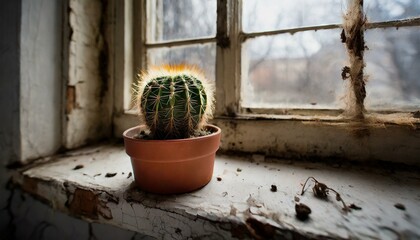 A small cactus on a windowsill in a run-down room