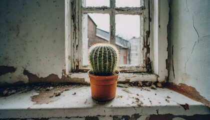 A small cactus on a windowsill in a run-down room