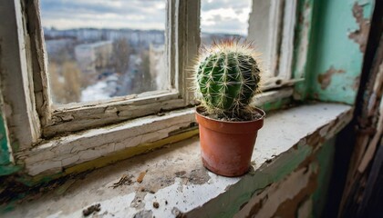 A small cactus on a windowsill in a run-down room