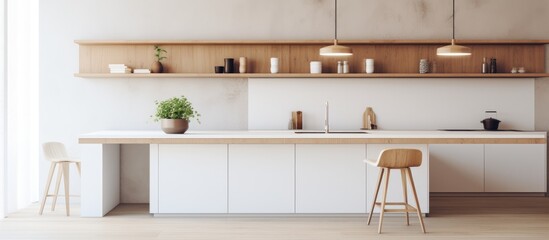 Minimalist kitchen design with wood and white elements, blurred background .