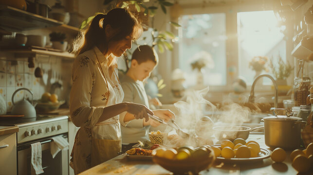 Women cooking an Easter meal in the kitchen, Easter gatherings, featuring shared meals, lively conversations, and cherished family recipes, family in the kitchen preparing dinner