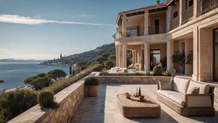 Fototapeta premium Exquisite mansion perched on the serene shores of the French Riviera, offering sweeping views of the azure Mediterranean and private terraces overlooking the coastal beauty