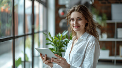 Fototapeta premium young beautiful businesswoman using a digital tablet while standing by the window in the office and looking at the camera.