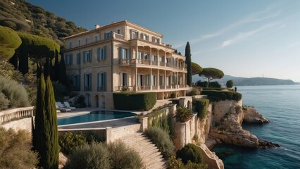 Obraz premium Exquisite mansion perched on the serene shores of the French Riviera, offering sweeping views of the azure Mediterranean and private terraces overlooking the coastal beauty